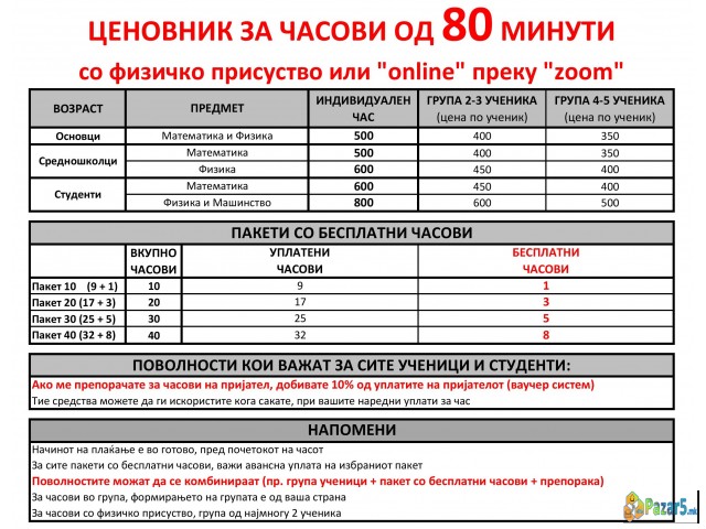 Часови од 80 мин. МАТЕМАТИКА, ФИЗИКА (делови), МАШ